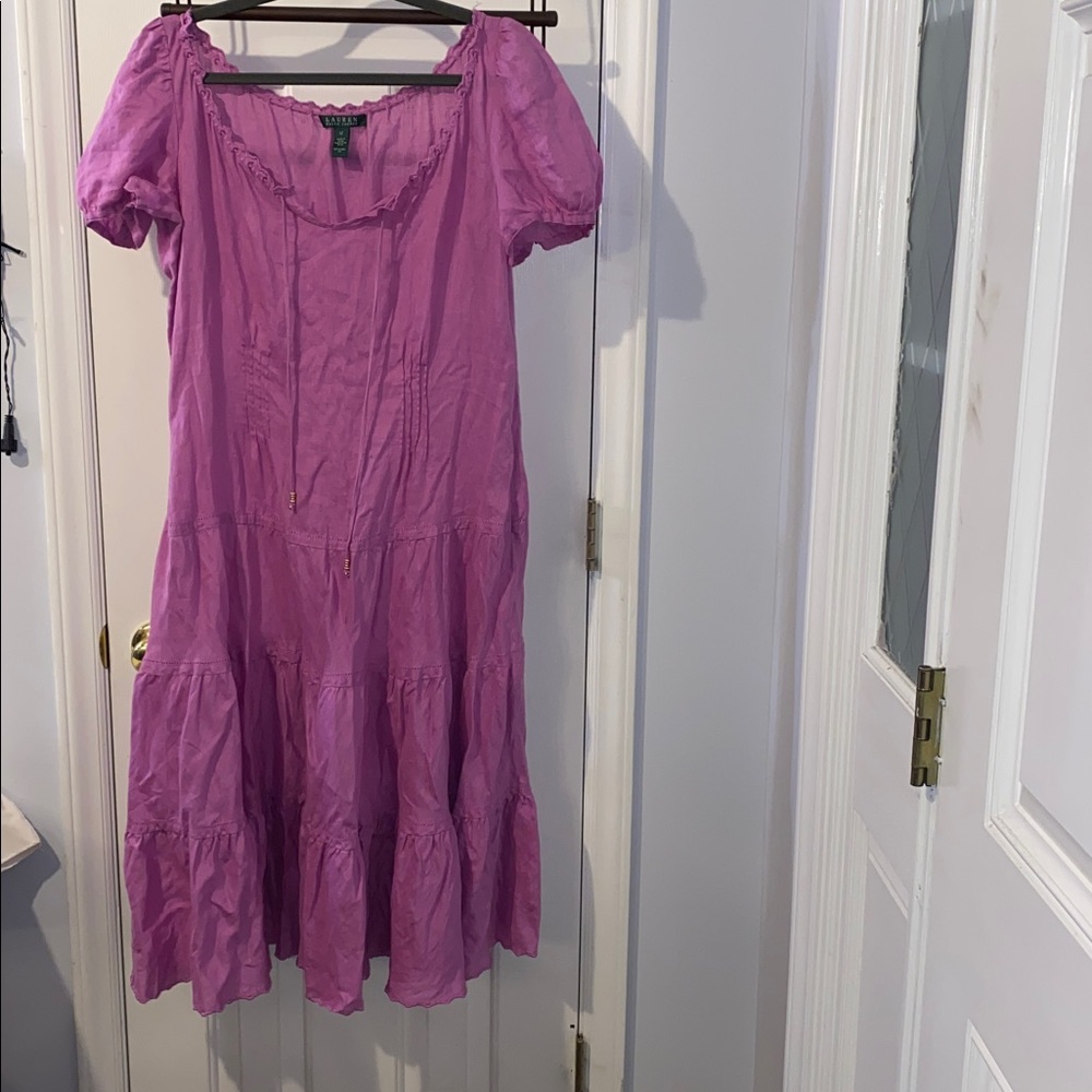 Lauren Ralph Lauren Linen Ruffle tiered dress,scallop hem,drawstring neckline 12
